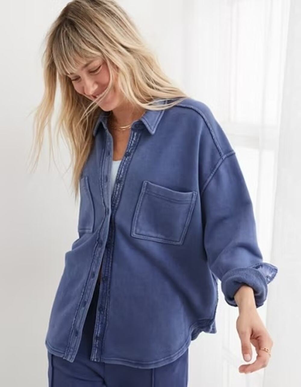 Aerie LumberJane Fleece Shirt Blue button front L
